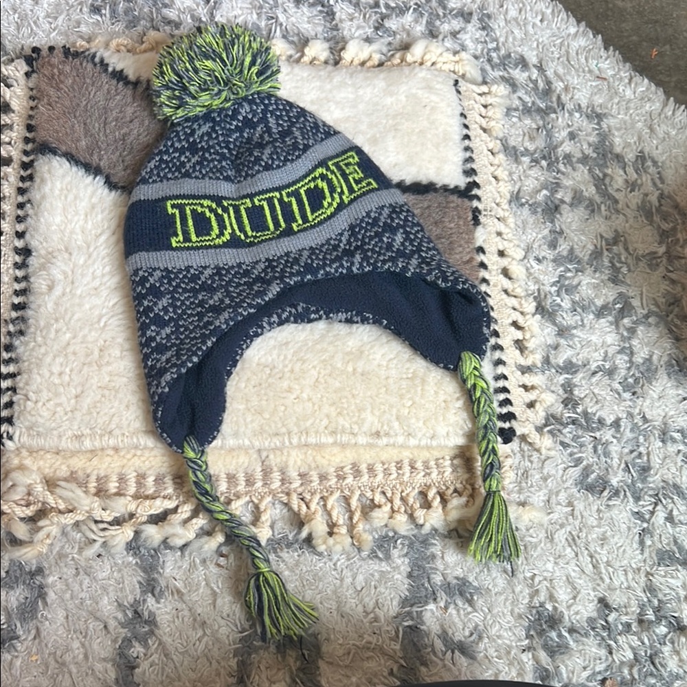 Navy and Green Knit Beanie with Pom Pom & braids! DUDE